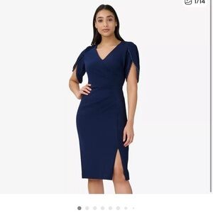 Adrienne Papell navy cocktail dress with pearly sleeve embellishment